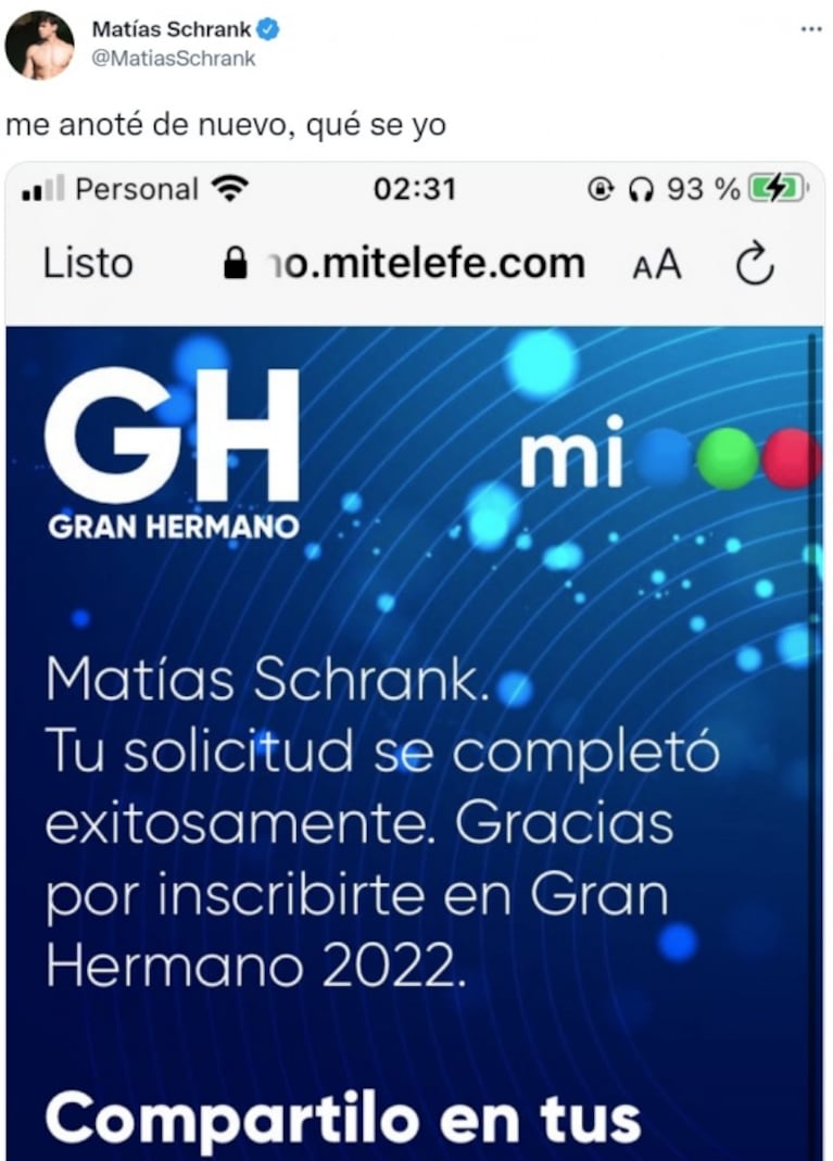 Matías Schrank, el subcampeón de Gran Hermano, se anotó para la edición 2022