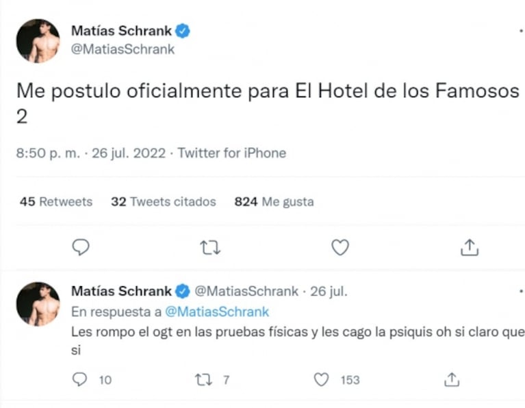 Matías Schrank, ex candidato a concejal, quiere volver a Gran Hermano y entrar en El Hotel de los Famosos 2