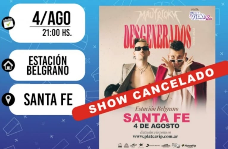 Mau y Ricky cancelaron su show en Santa Fe por las restricciones a la salida de dólares 