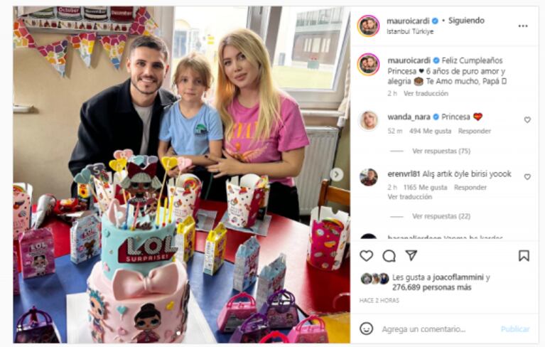 Mauro Icardi compartió una foto con Wanda Nara por el cumpleaños de su hija y ella se la comentó