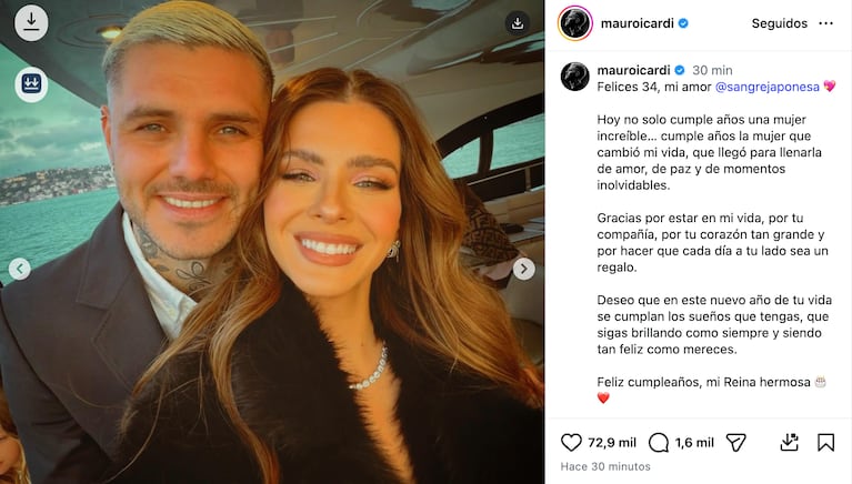 Mauro Icardi le dedicó un romántico mensaje a la China Suárez por su cumpleaños: “La mujer que cambió mi vida”. Crédito: Instagram