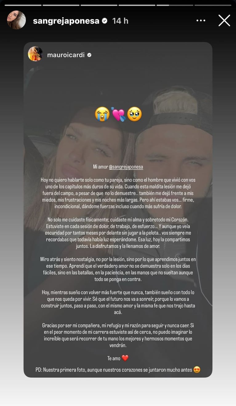 Mauro Icardi le escribió una extensa carta a la China Suárez (Foto: captura de Instagram/@sangrejaponesa).