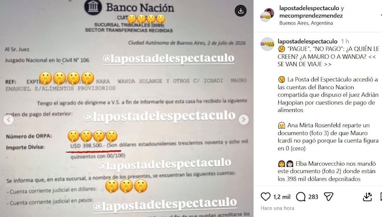 Mauro Icardi pagó la cuota alimentaria y Gustavo Méndez publicó el documento (Foto: captura de Instagram/@lapostadelespectaculo)