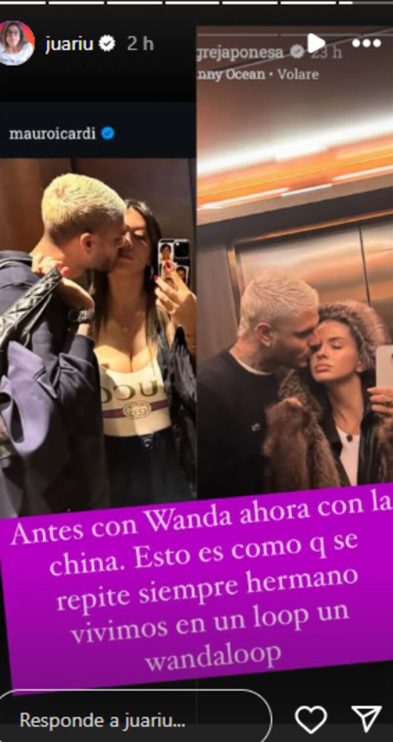 Mauro Icardi recreó con La China Suárez una foto que se sacó con Wanda Nara (Foto: captura Instagram/juariu)