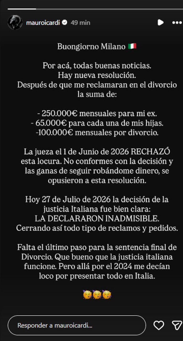 Mauro Icardi reveló las millonarias cifras que le reclamaba Wanda Nara en el divorcio (captura de Instagram)