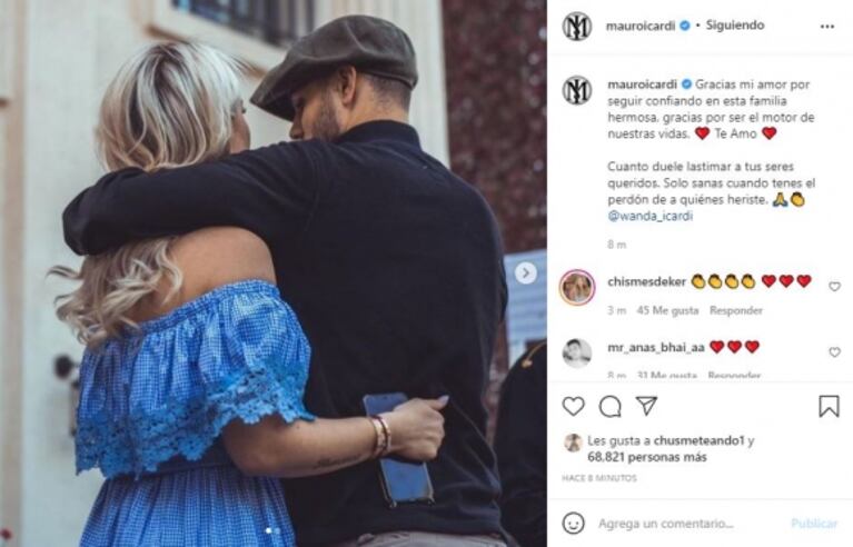 Mauro Icardi se mostró abrazado con Wanda Nara: “Gracias mi amor por seguir confiando en esta familia hermosa”