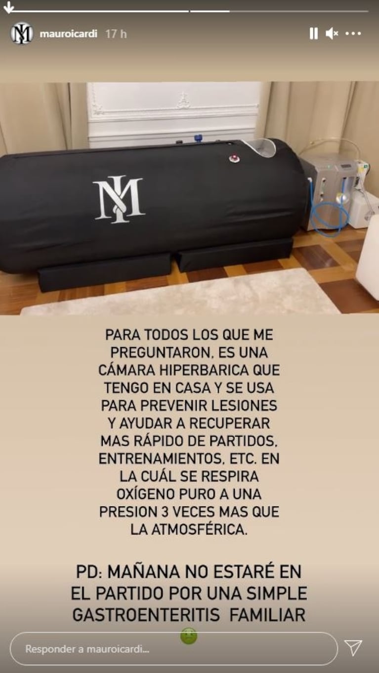 Mauro Icardi se mostró con máscara de oxígeno y alarmó a sus seguidores: "Me ayuda a recuperarme más rápido de los entrenamientos"