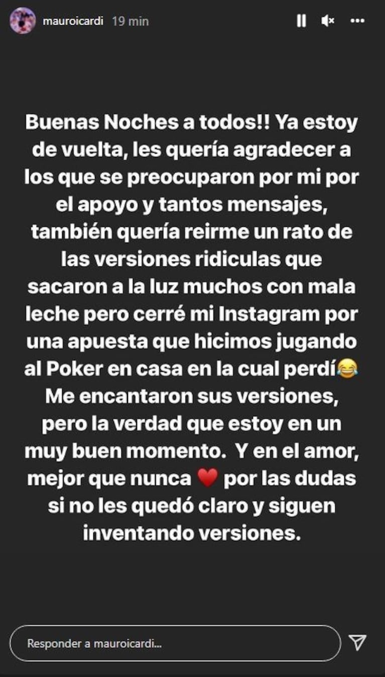 Mauro Icardi volvió a redes y reveló el insólito motivo por el que cerró su Instagram: "La verdad es que perdí una apuesta"