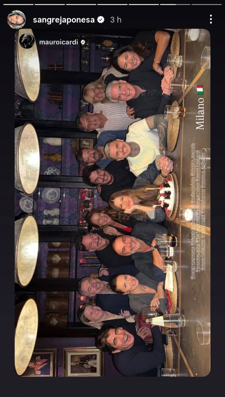 Mauro Icardi y la China Suárez en Milán, donde continuaron los festejos por el cumpleaños de la actriz con amigos (Foto: captura de Instagram/@sangrejaponesa).