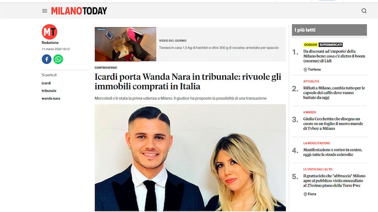 Mauro Icardi y Wanda Nara fueron noticia en Milano Today.