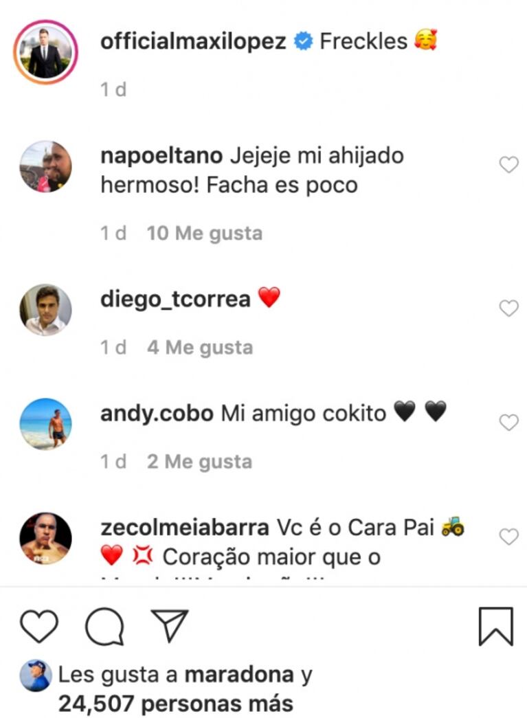 Maxi López publicó una tierna foto con uno de sus hijos y Diego Maradona le puso "like" 