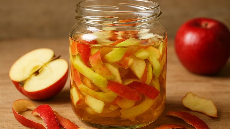 Mazcla de cáscara de manzana y vinagre, una aliada para el jardín. Foto: IA