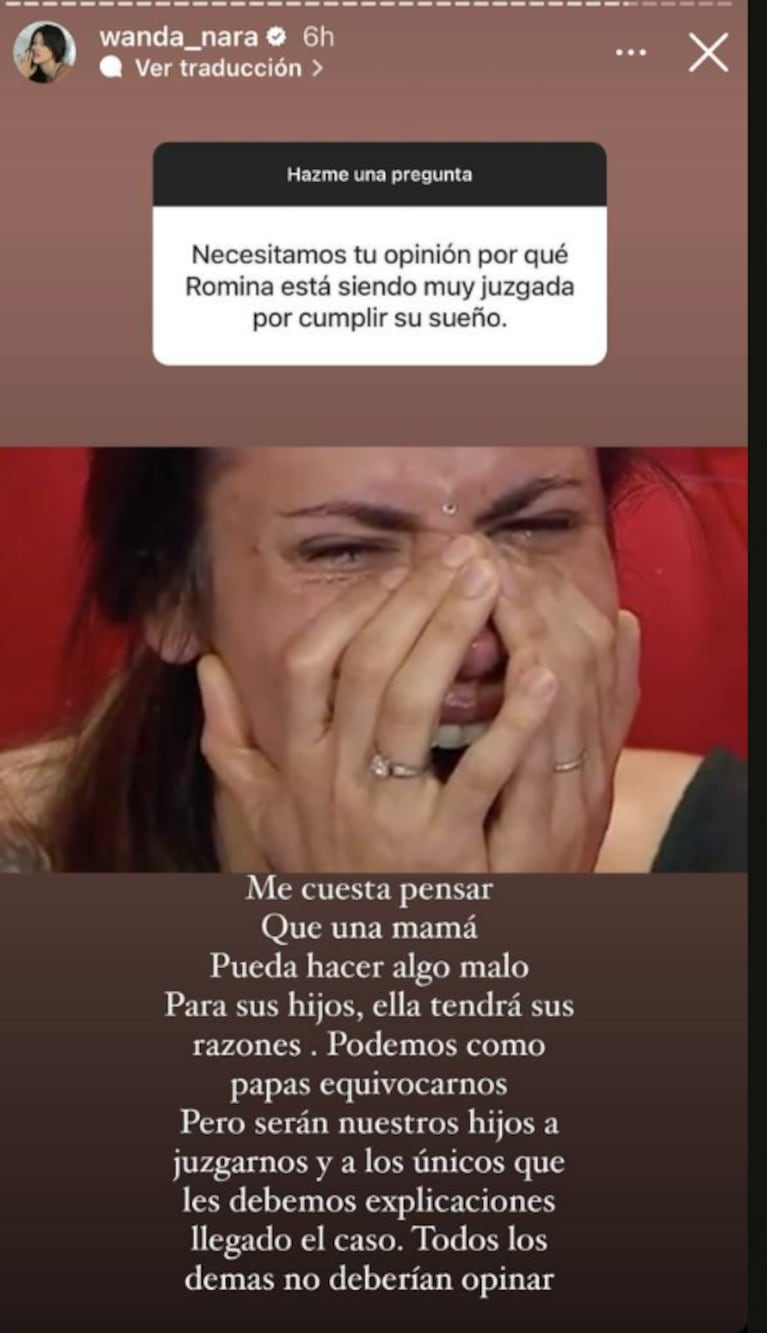 "Me cuesta": Wanda Nara opinó sin filtro sobre la decisión de Romina de entrar a Gran Hermano con tres hijas