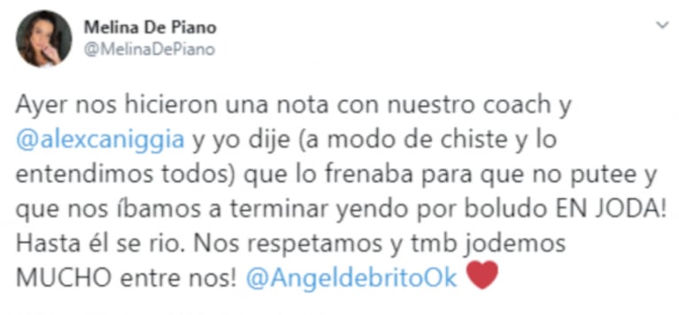 Melina de Piano habló del Cantando, tras la pelea de Alex Caniggia con Mediavilla: "Nos vamos a terminar yendo"