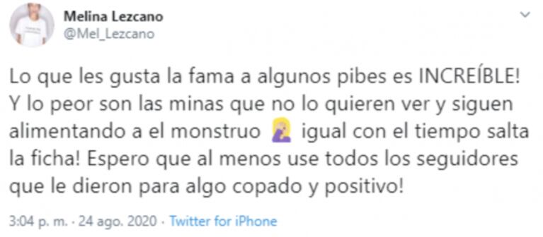 Melina Lezcano fulminó a Bruno Siri, el ex de Nati Jota que ahora está de novio con Ivana Nadal: "Lo que le gusta la fama"
