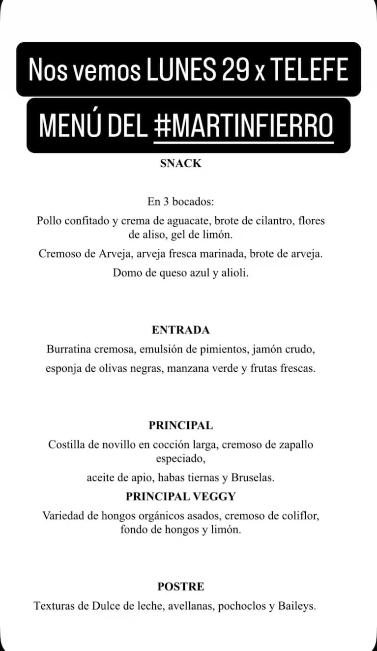 Menú Martín Fierro 2025