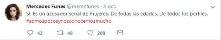 Mercedes Funes twitteó sobre un actor "acosador serial de mujeres": la reacción de Gianola cuando le preguntaron si era para él