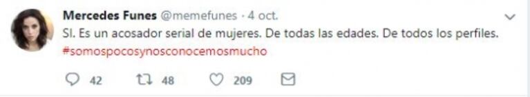 Mercedes Funes twitteó sobre un actor "acosador serial de mujeres": la reacción de Gianola cuando le preguntaron si era para él