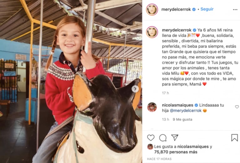 Mery del Cerro le dedicó un tierno mensaje a su hija Mila, que cumplió seis años: "Me emociona verte crecer"