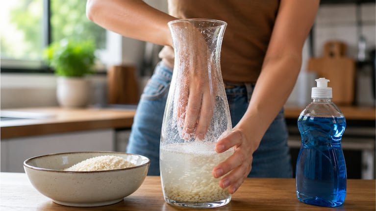 Mezclar arroz crudo con detergente: para qué sirve y dónde los expertos recomiendan usarlo. Foto: IA