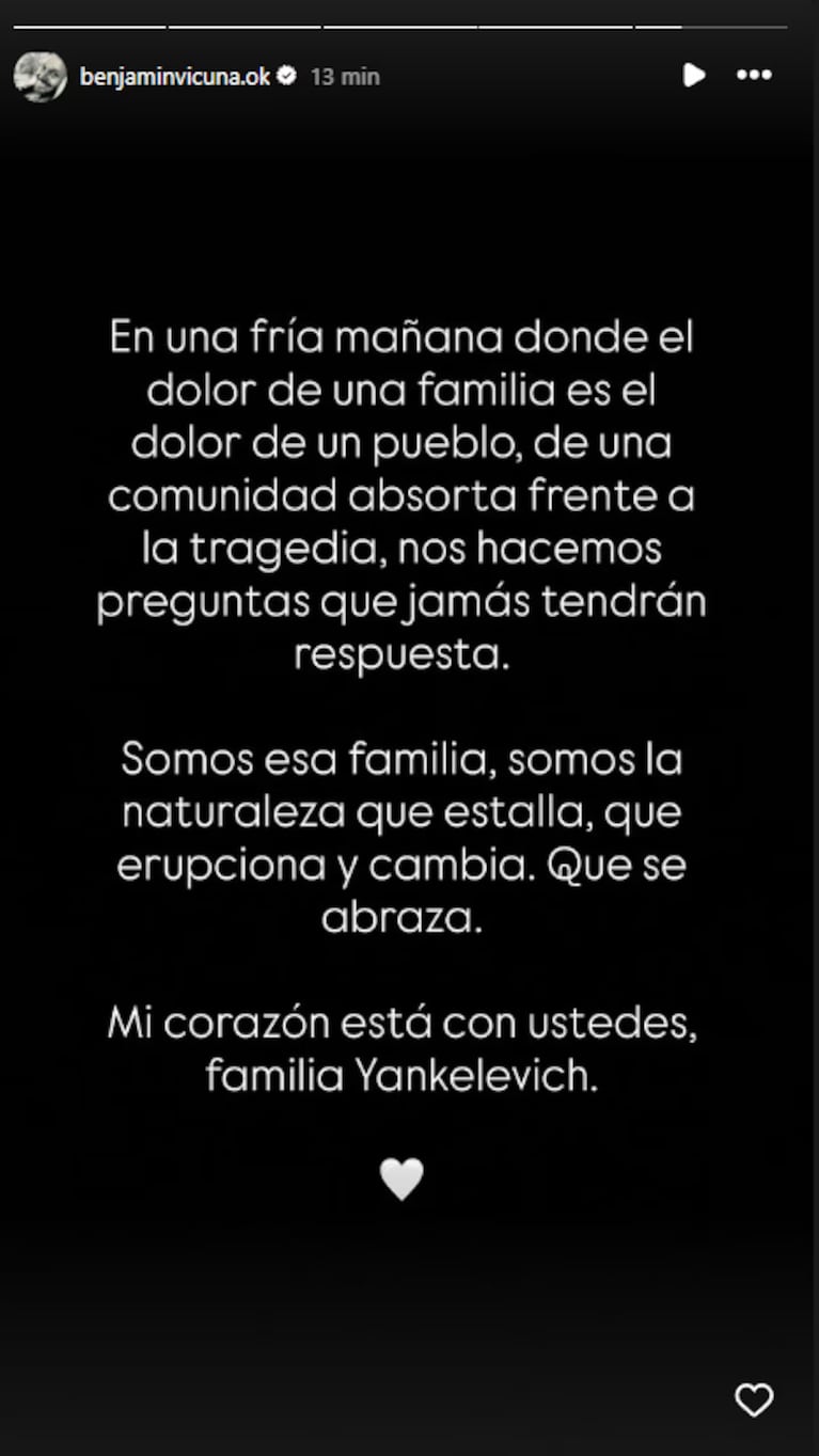 "Mi corazón está con ustedes", el mensaje de Benjamín Vicuña. Captura: Instagram @benjaminvicuna.ok