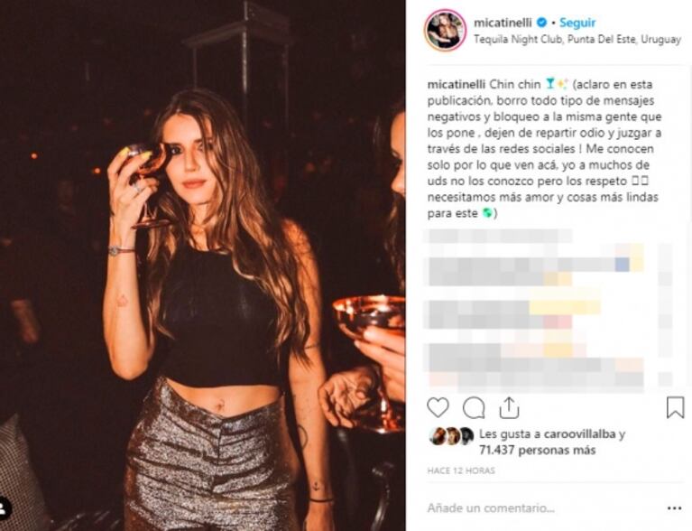 Mica Tinelli contra los haters: "Borro todo tipo de mensajes negativos y bloqueo; dejen de repartir odio"