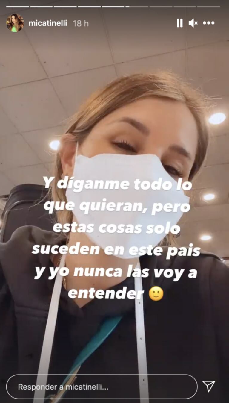 Mica Tinelli se fastidió porque al volver de Miami tuvo que esperar en Ezeiza el resultado del hisopado: "Estas cosas solo pasan en Argentina"