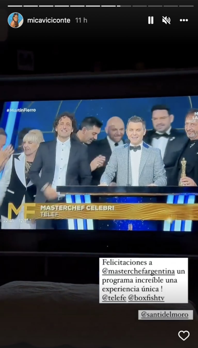 Mica Viciconte celebró junto a Luca Cubero el Martin Fierro a Masterchef Celebrity: "Los miramos desde casa"