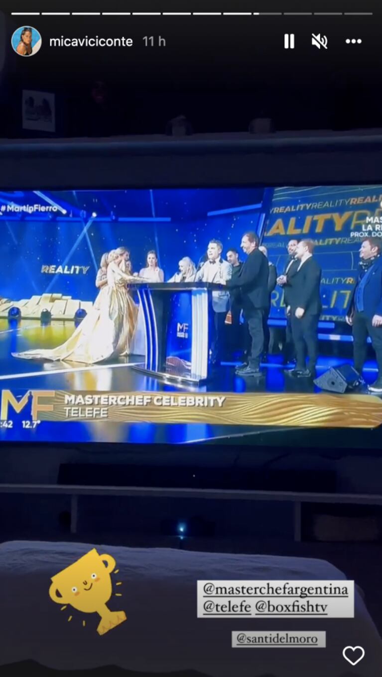 Mica Viciconte celebró junto a Luca Cubero el Martin Fierro a Masterchef Celebrity: "Los miramos desde casa"