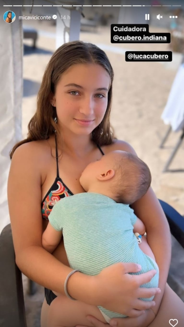 Mica Viciconte compartió las fotos más lindas de Indiana y Luca Cubero en la playa: "Cuidadora"