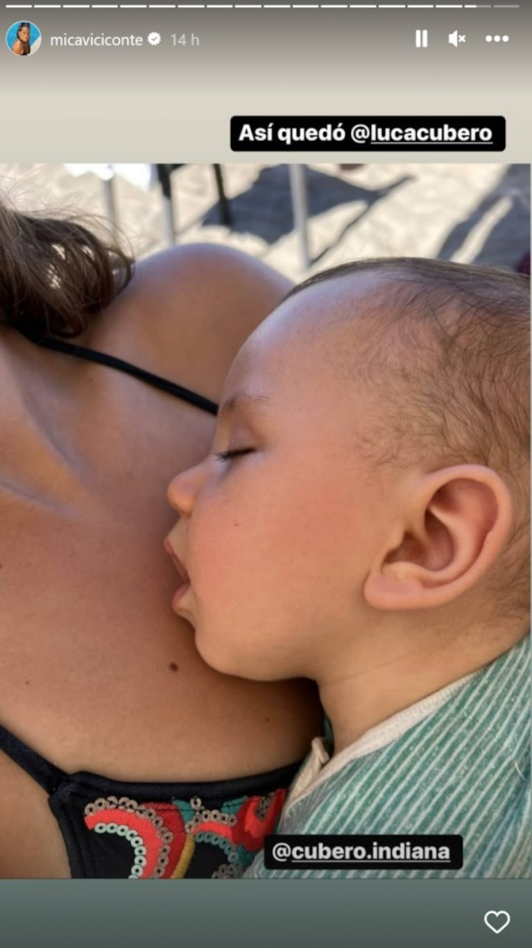 Mica Viciconte compartió las fotos más lindas de Indiana y Luca Cubero en la playa: "Cuidadora"