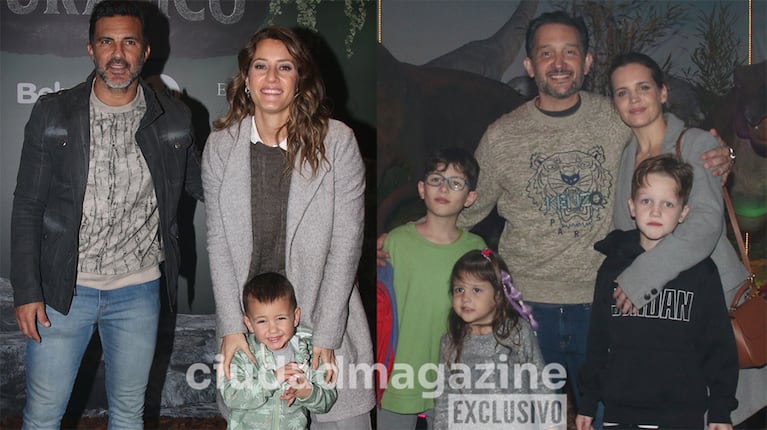 Mica Viciconte, Fabián y Luca Cubero, Sabrina Garciarena, Germán Paoloski y sus hijos en el estreno de Dinosaurios (Fotos: Movilpress).