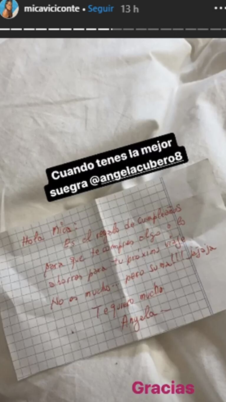 Mica Viciconte mostró el tierno regalo que le hizo la mamá de Cubero, en pleno escándalo con Nicole: "Cuando tenés la mejor suegra"