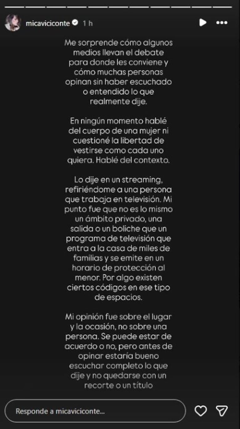 Mica Viciconte respondió tras ser fuertemente criticada por sus dichos sobre el vestuario de Daniela Celis (Foto: captura de Instagram/@micaviciconte).