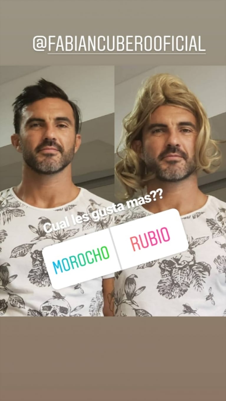 Mica Viciconte y una divertida foto de Fabián Cubero con peluca: "¿Morocho o rubio?"