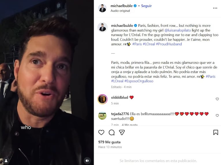 Michael Bublé celebró a Luisana Lopilato en la Semana de la Moda en París: “No podría estar más orgulloso” | Créditos: Instagram @michaelbuble