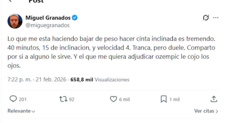 Migue Granados habló tras los rumores por su cambio físico y reveló cómo bajó más de 20 kilos. Crédito: X