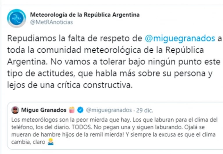 Migue Granados lanzó un furioso mensaje contra los meteorólogos y José Bianco le salió al cruce