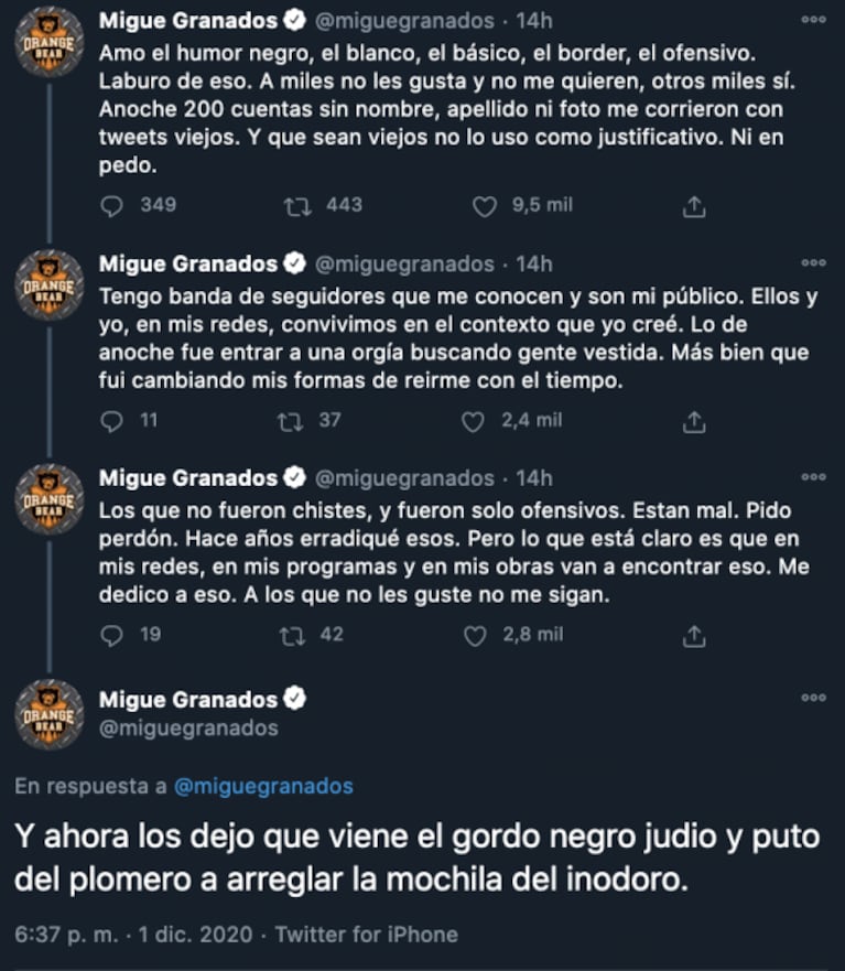 Migue Granados se defendió, tras las críticas por sus polémicos tweets: "Me dedico a eso; si no les gusta no me sigan"