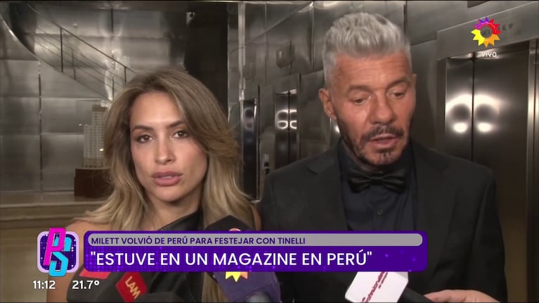 Milett Figueroa y Marcelo Tinelli en diálogo con la prensa en el cumpleaños del conductor (Foto: captura de eltrece).