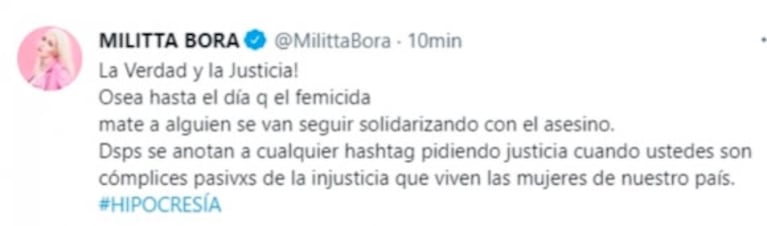 Militta Bora habló tras su fuerte tweet contra Chano: "Estoy movilizada, no me hace bien hablar de esto"