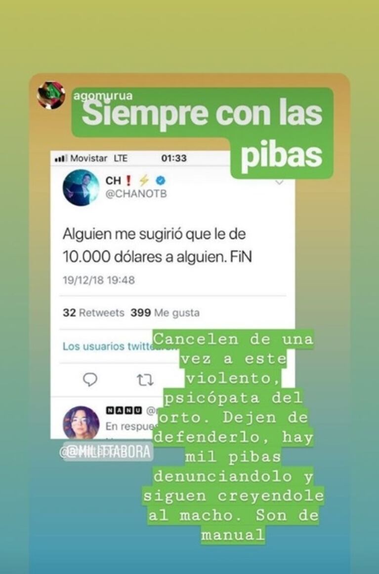 Militta Bora, tras los mensajes de Chano en Twitter: "Este tipo de cosas hace un psicópata de manual"