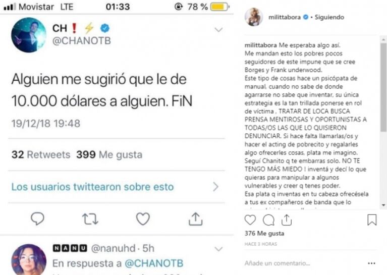 Militta Bora, tras los mensajes de Chano en Twitter: "Este tipo de cosas hace un psicópata de manual"