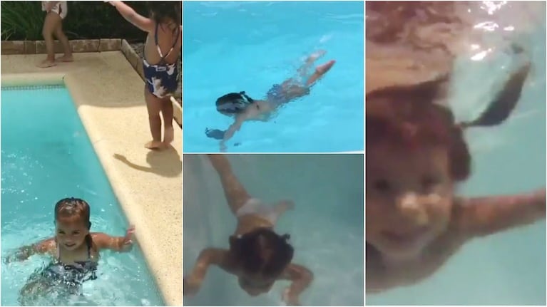 Mirá cómo las hijas de Cinthia Fernández se tiran a la pileta y la rompen nadando. Foto: Captura