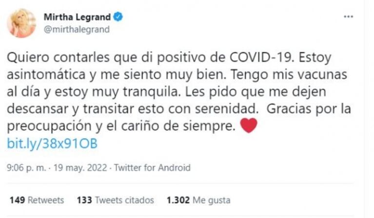 Mirtha Legrand anunció que se contagió de Covid-19: "Tengo mis vacunas al día y estoy muy tranquila"