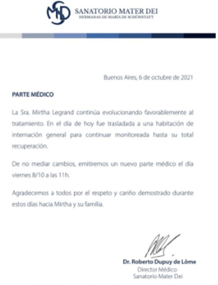 Mirtha Legrand fue traslada a una habitación común y su salud evoluciona favorablemente