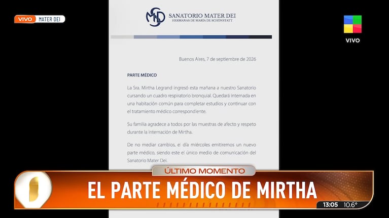 Mirtha Legrand: qué dice el parte médico del Sanatorio Mater Dei (captura de América TV)