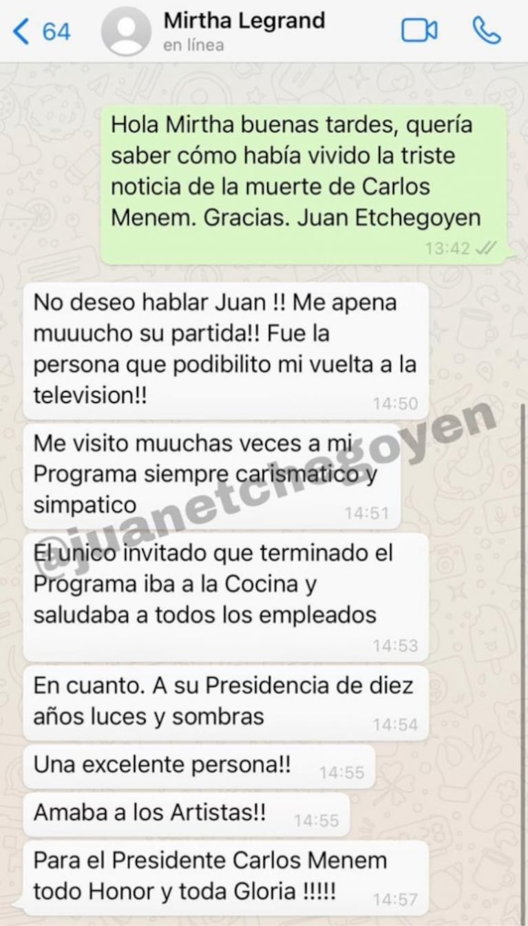 Mirtha, sobre la muerte de Carlos Menem: "Amaba a los artistas, para él todo honor y toda gloria"