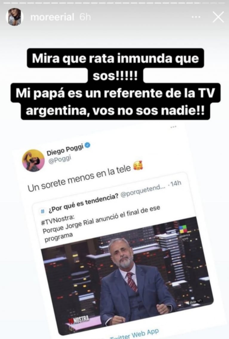 More Rial fulminó a Diego Poggi por criticar sin filtro a Jorge tras su renuncia a TV Nostra: "Rata inmunda"