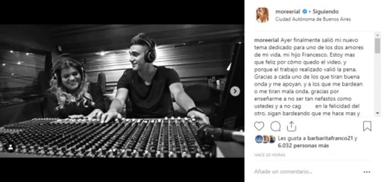 More Rial les respondió a los haters tras su debut como cantante: "Sigan bardeando, que me hace más y más fuerte"
